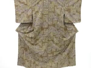 未使用品　色紙に抽象家屋・草花模様織り出し西陣お召着物